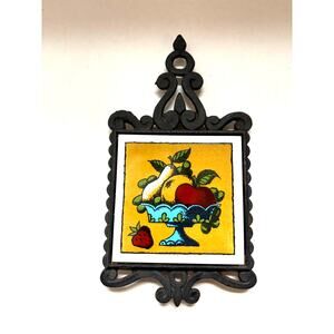 Vntg Cast Iron and Ceramic Tile Trivet Retro Decor Fruit Bowl Cherry Japan 70s